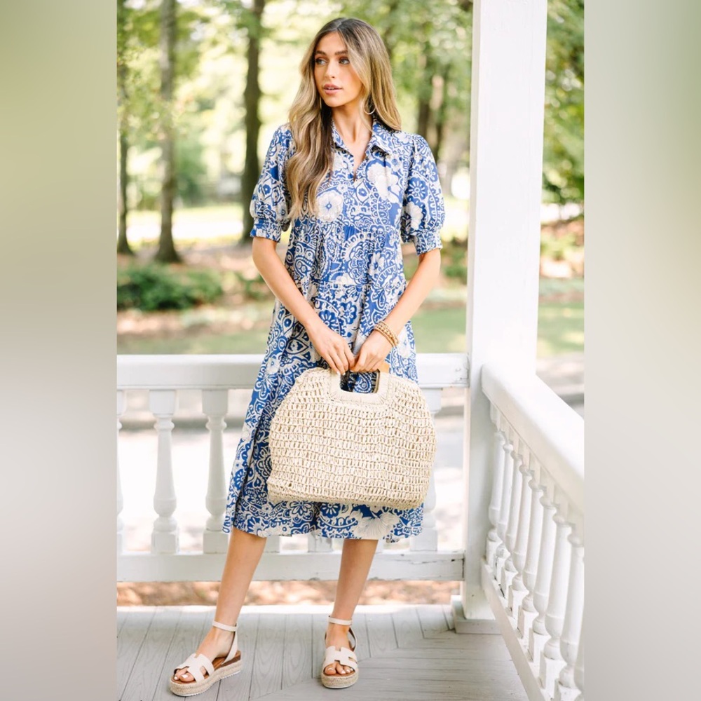 Umgee Blue and White Paisley Midi Dress